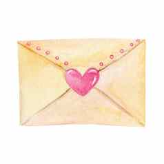 水彩黄色的纸信封信粉红色的心孤立的白色背景情人节一天