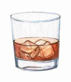 水彩威士忌玻璃冰孤立的白色背景