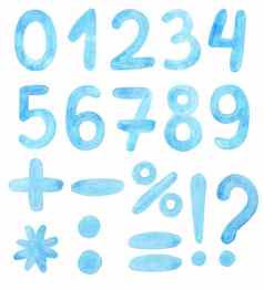 水彩蓝色的数字数学符号集孤立的白色背景