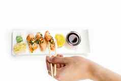 寿司卷白色背景复制空间文本前视图日本食物餐厅寿司牧卷板