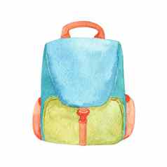 水彩蓝色的背包孤立的白色背景学校袋旅行袋