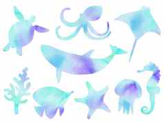 海洋鱼动物轮廓集孤立的白色背景蓝色的水彩插图世界海洋一天剪辑艺术