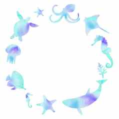 水彩蓝色的轮框架水下动物鱼孤立的白色背景标志设计卡边境装饰世界海洋一天横幅