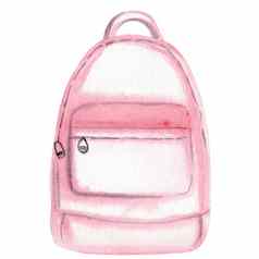水彩手画粉红色的学校背包孤立的白色背景