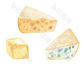 <strong>水彩</strong>奶酪片集孤立的白色背景食物插图标签菜单卡片