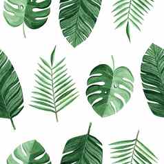 水彩绿色热带棕榈monstera叶子无缝的模式白色背景织物纺织品牌邀请剪贴簿包装