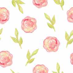 水彩手画粉红色的花叶子无缝的模式白色背景邀请模板剪贴簿壁纸布局织物纺织包装纸