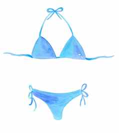 水彩手画蓝色的一块泳衣孤立的白色背景女比基尼服装游泳