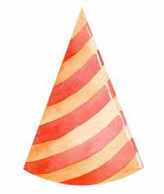水彩橙色生日他红色的条纹孤立的白色背景手画聚会，派对帽插图