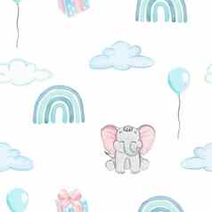 水彩蓝色的彩虹大象云无缝的模式白色背景婴儿纺织织物托儿所壁纸包装封面海报