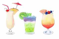 水彩手画水果鸡尾酒集孤立的白色背景含酒精的饮料作文