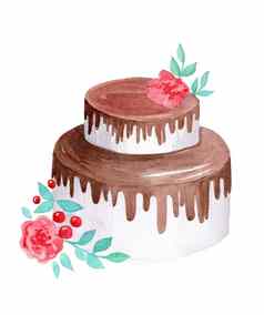 水彩白色蛋糕巧克力一流的红色的花装饰白色背景乡村婚礼甜点