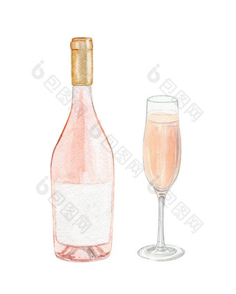 水彩玫瑰酒瓶玻璃集孤立的白色背景酒吧菜单设计餐厅装饰海报酒精饮料打印