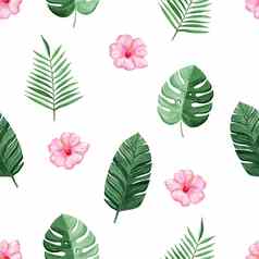 水彩粉红色的芙蓉花绿色热带棕榈叶子无缝的模式白色背景织物纺织品牌邀请剪贴簿包装