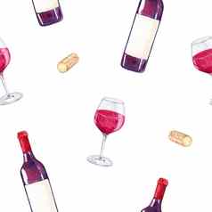 水彩红色的酒瓶眼镜无缝的模式白色背景餐厅壁纸菜单设计织物酒庄图像餐巾打印