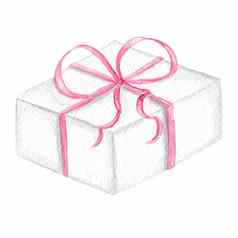 水彩白色礼物盒子粉红色的丝带弓孤立的白色背景生日聚会，派对邀请卡片