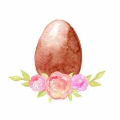水彩手画棕色（的）复活节蛋装饰粉红色的花叶子孤立的白色背景巧克力甜点孩子们