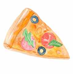 水彩手画片披萨奶酪橄榄番茄孤立的白色背景意大利食物意大利辣香肠