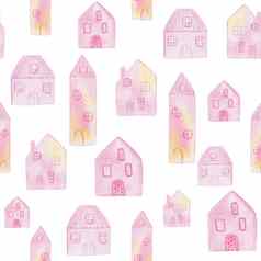 水彩手画可爱的粉红色的房子无缝的模式白色背景邀请卡片织物纺织包装纸