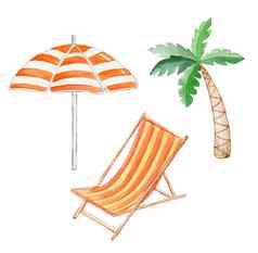 水彩帆布躺椅阳伞棕榈集孤立的白色背景夏天海滩旅游手画插图