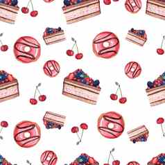 水彩红色的蛋糕甜甜圈无缝的模式白色背景织物纺织包装剪贴簿咖啡馆菜单设计
