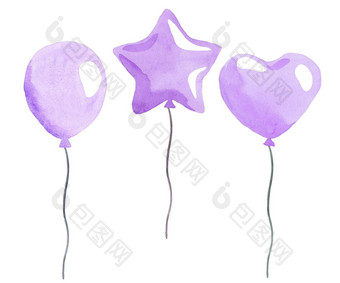 水彩<strong>紫色</strong>的空气<strong>气球</strong>白色背景心明星球形状的生日<strong>气球</strong>聚会，派对邀请