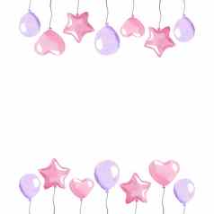 水彩粉红色的气球边界孤立的白色背景邀请框架婴儿淋浴装饰聚会，派对卡片