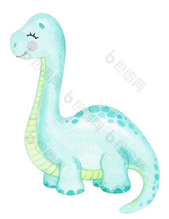 水彩蓝色的梁龙孤立的白色背景可爱的恐龙插图