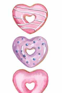 水彩手画心形状的粉红色的甜甜圈集孤立的白色背景