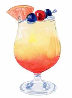 水彩手画水果热带橙色鸡尾酒葡萄柚片装饰孤立的白色背景龙舌兰酒日出酒精喝