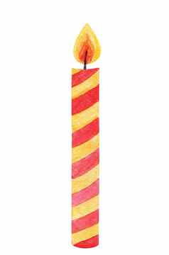水彩手画红色的蜡烛黄色的条纹孤立的白色背景生日聚会，派对装饰