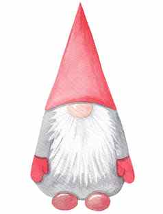 水彩斯堪的那维亚Gnome红色的他孤立的白色背景圣诞节装饰卡片