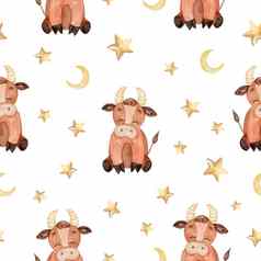 水彩棕色（的）婴儿牛星星无缝的模式白色背景织物纺织品牌邀请剪贴簿包装象征
