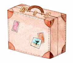 水彩棕色（的）行李孤立的白色背景手画复古的手提箱插图