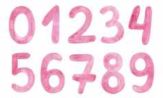 水彩粉红色的手写数字集孤立的白色背景