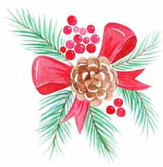 水彩圣诞节冷杉分支红色的丝带锥红色的浆果白色背景