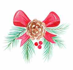 水彩圣诞节冷杉分支红色的丝带锥红色的浆果白色背景