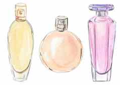 水彩粉红色的黄色的香水玻璃瓶集手画孤立的白色背景