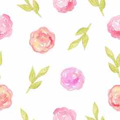 水彩手画花无缝的模式粉红色的花叶子白色背景织物纺织剪贴簿包装纸邀请