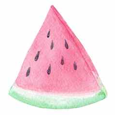 水彩粉红色的西瓜三角形片黑色的种子孤立的白色背景