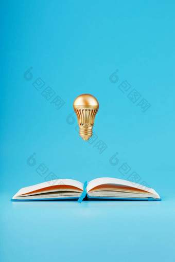 金色光灯泡挂起空白页面笔记本蓝色的背景