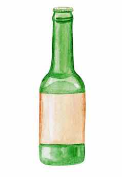 水彩绿色啤酒瓶孤立的白色