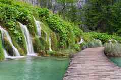 狭窄的木人行桥绿色公园美丽的风景山河克罗地亚欧洲
