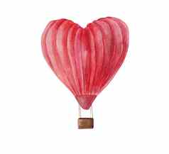 红色的心形状热空气气球水彩插图孤立的