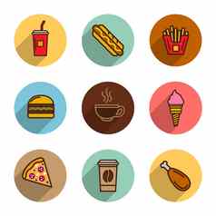 快食物向量色彩斑斓的平设计图标披萨热狗薯条汉堡咖啡模板元素移动应用程序网络设计