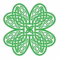幸运三叶草形状的结使凯尔特心形状结绿色轮廓凯尔特风格纹身孤立的向量插图