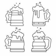 集轮廓古董啤酒杯子啤酒泡沫平大纲孤立的向量插图模板酒吧酒吧餐厅