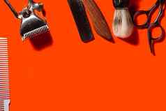 理发师工具美丽的郁郁葱葱的熔岩表面剃须刀剃须刷梳子理发师剪刀限幅器水平取向复制空间