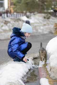 女孩蓝色的外套玩猫融化雪水坑冰