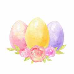 水彩手画复活节色彩斑斓的鸡蛋装饰粉红色的花作文孤立的白色背景
